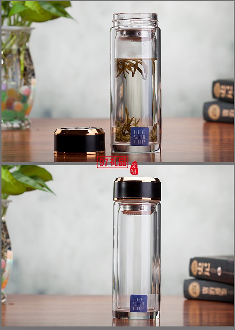 玻璃水杯雙層茶杯子定制廣告杯印字LOGO商務禮品水晶杯