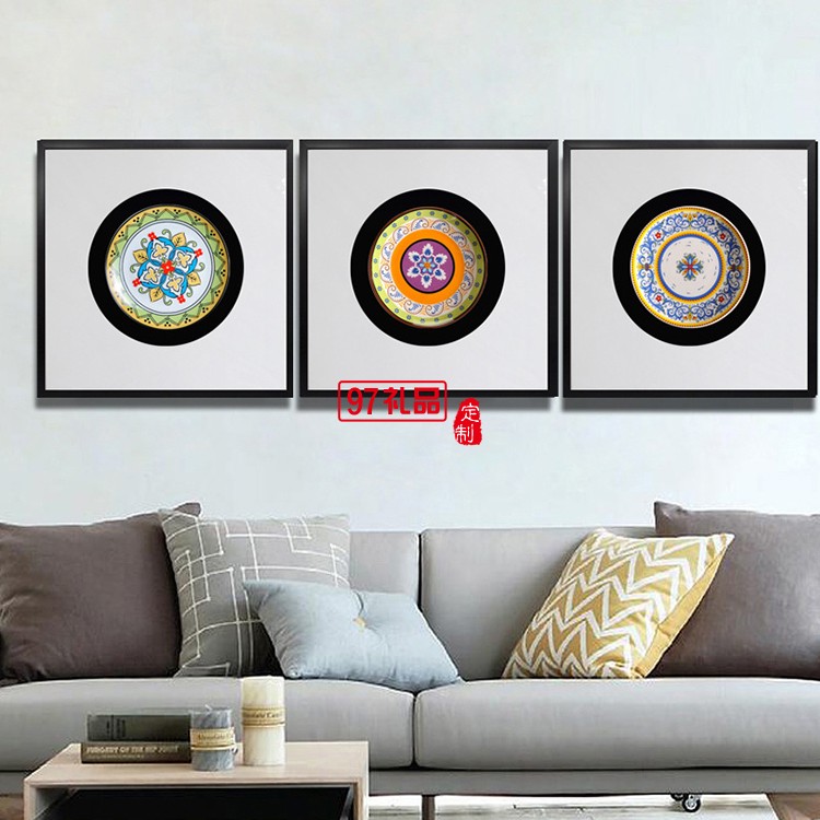 立體實(shí)物陶瓷盤軟裝樣板房有框掛畫