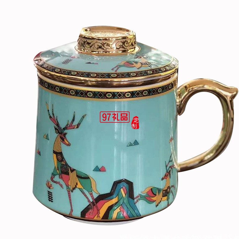 中秋琺瑯彩國(guó)潮描金帶過(guò)濾茶杯 景德鎮(zhèn)陶瓷