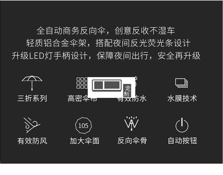 商務(wù)車載反向折疊傘LED燈電筒全自動傘反光可定制LOGO