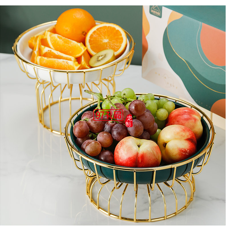 ins水果盤(pán)鐵藝架+陶瓷甜品盤(pán)糖果盤(pán)網(wǎng)紅高腳果盤(pán)禮盒套裝伴手禮