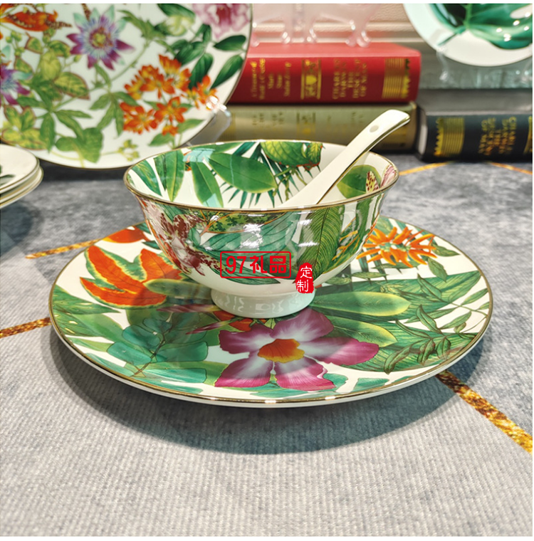 HERME愛(ài)馬歐式熱帶雨林系列36頭骨瓷餐具套裝禮盒描金中西式骨瓷