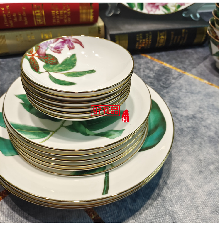 HERME愛(ài)馬歐式熱帶雨林系列36頭骨瓷餐具套裝禮盒描金中西式骨瓷