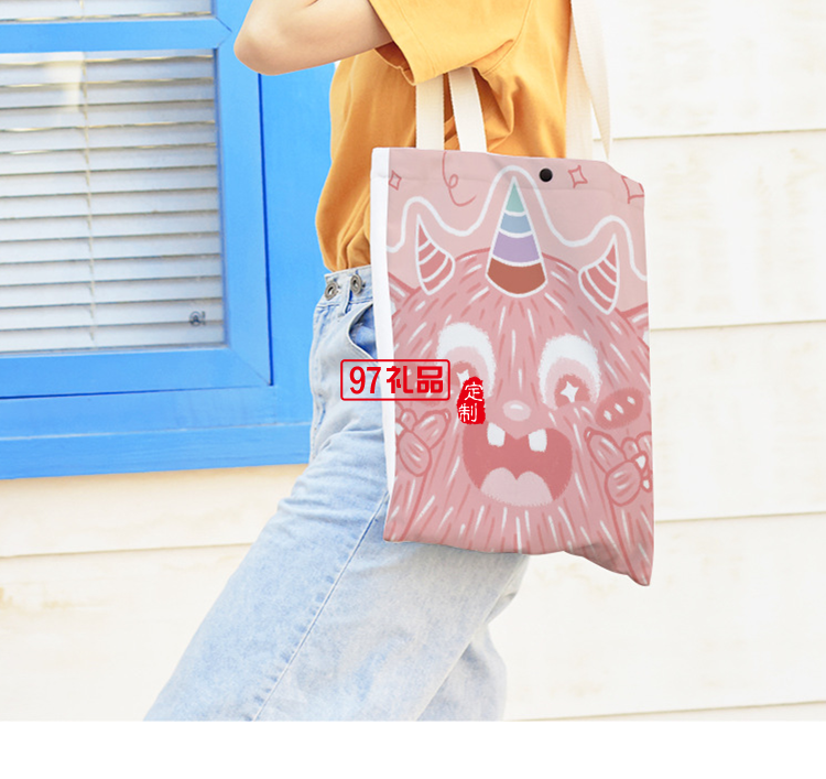 新款粉色小怪獸學(xué)生大容量單肩帆布手提袋購(gòu)物袋定制