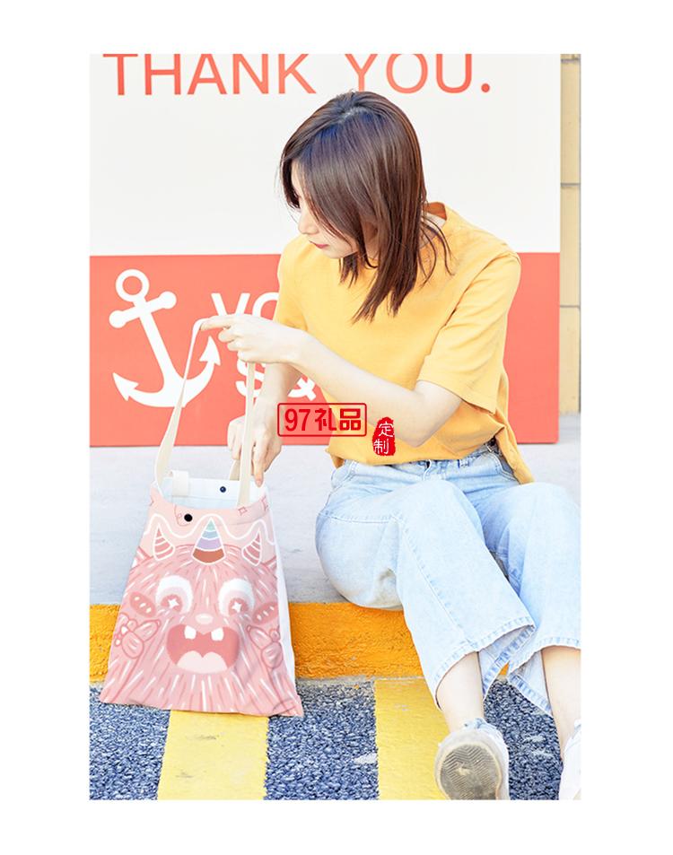 新款粉色小怪獸學(xué)生大容量單肩帆布手提袋購(gòu)物袋定制