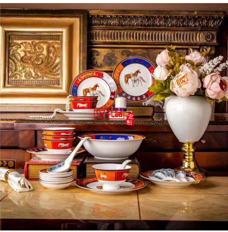 愛(ài)馬HERME白馬圖高檔骨瓷餐具28頭套裝禮盒碗盤(pán)碟瓷器歐式奢華