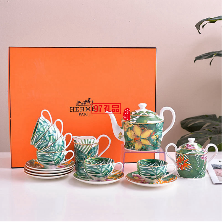 HERME愛馬歐式熱帶雨林系列15頭骨瓷餐具陶瓷盤碗勺喬遷結婚禮品