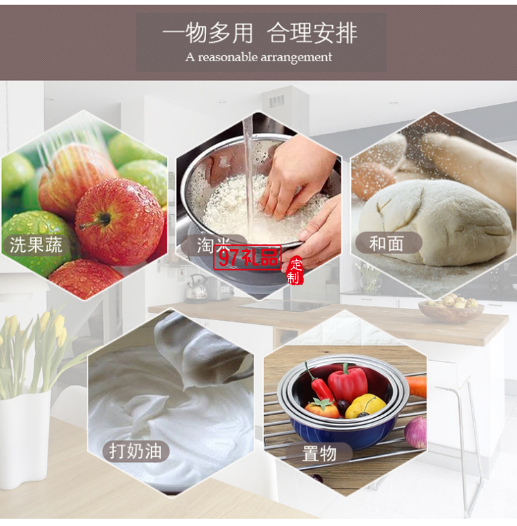 不銹鋼盆禮品盆套裝彩色盆三件套圓形炫彩盆調料缸洗菜盆禮品