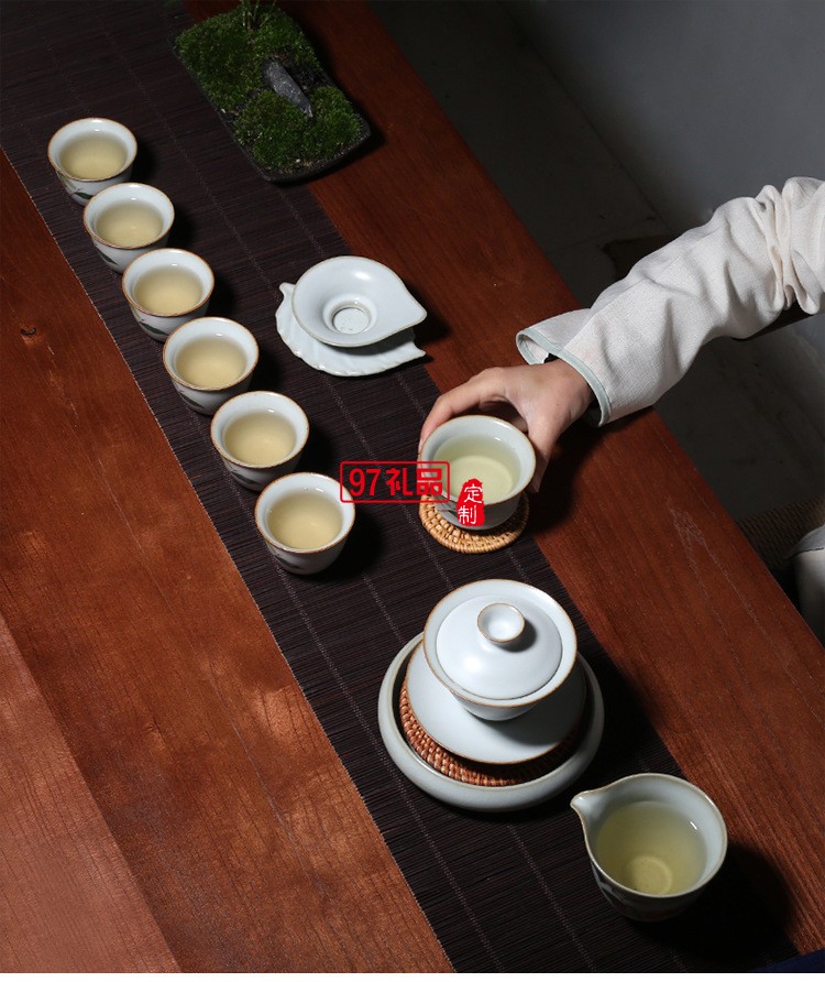 汝窯開(kāi)片三才蓋碗柿子茶具套裝禮盒裝功夫陶瓷套組