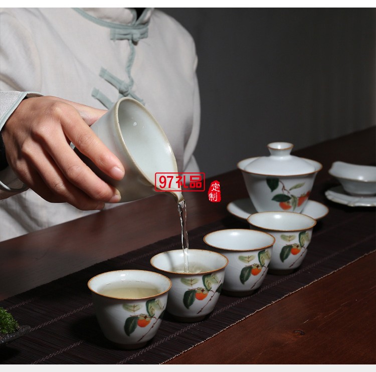 汝窯開(kāi)片三才蓋碗柿子茶具套裝禮盒裝功夫陶瓷套組