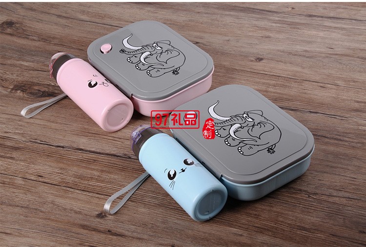 塑料學(xué)生長方形分格飯盒帶400ml水壺套裝 卡通套裝飯盒帶手提袋