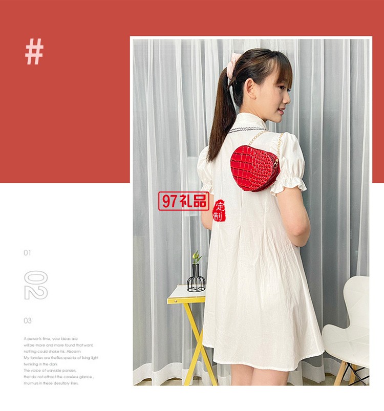 新款鱷魚(yú)紋心形鏈條斜挎口紅包迷你果凍色小包外貿(mào)禮品包