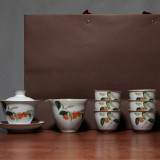 汝窯開(kāi)片三才蓋碗柿子茶具套裝禮盒裝功夫陶瓷套組