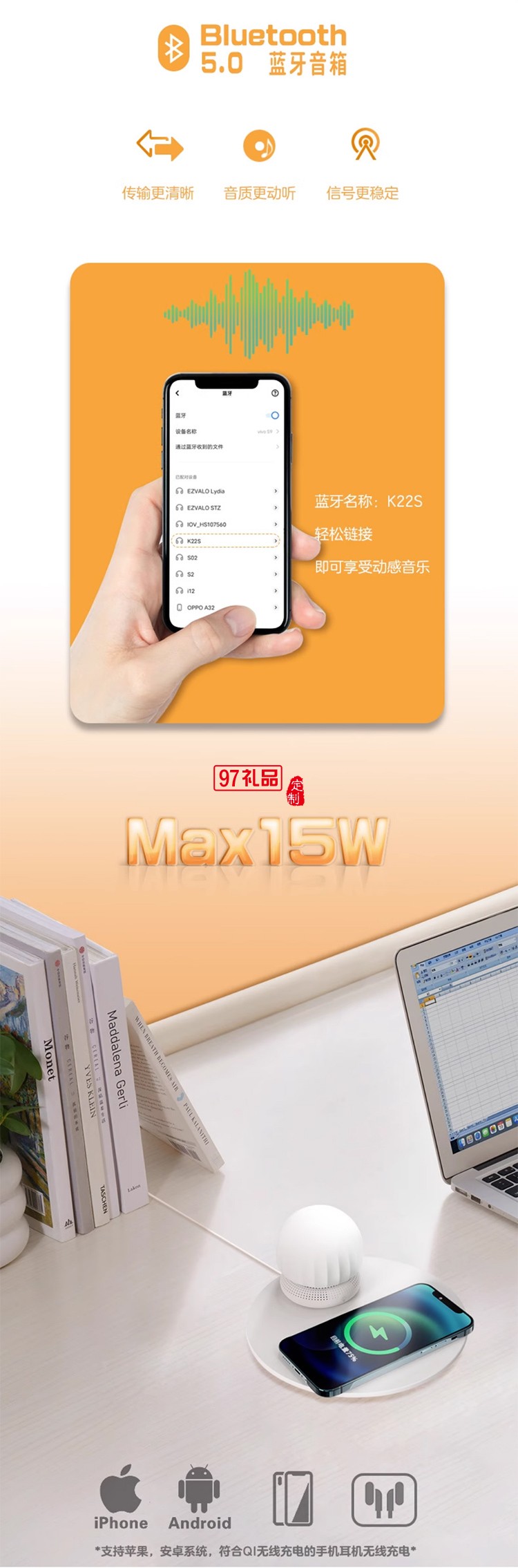 藍(lán)牙音響無(wú)線(xiàn)充小夜燈分體式便攜戶(hù)外露營(yíng)燈