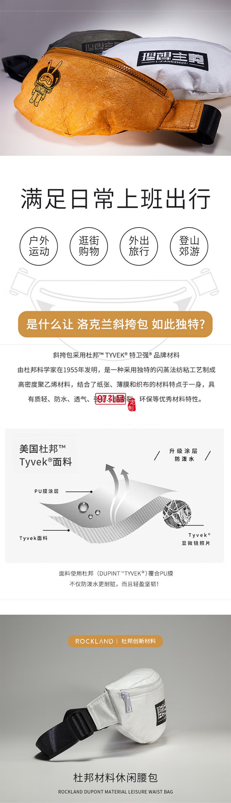 洛克蘭ROCKLAND理想主義腰包杜邦牛皮紙輕便斜跨包單肩包