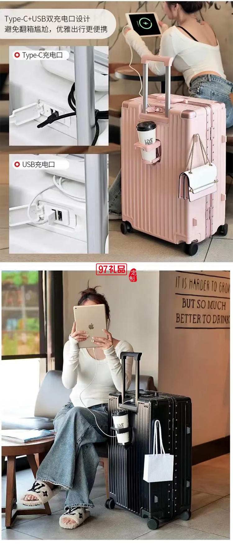 途幫（TOBOOG）多功能鋁框行李箱女輕音萬(wàn)向輪包角防撞男卡扣密碼拉桿