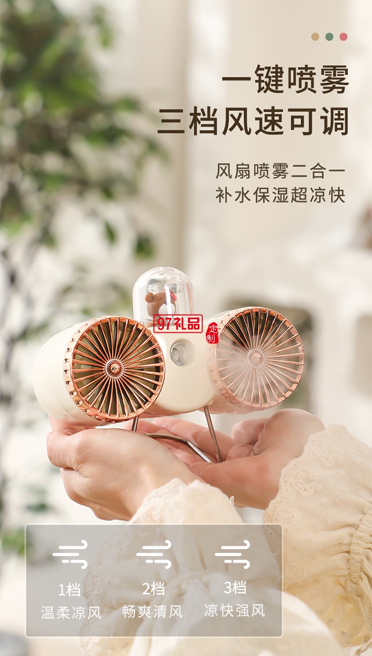 新款復古雙扇葉噴霧保濕小風扇USB充電居家辦公桌面噴霧2合1風扇