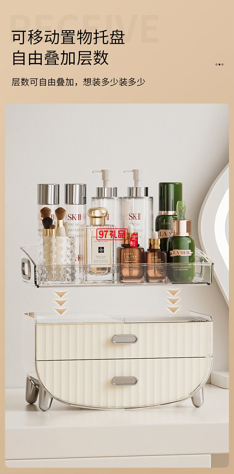桌面化妝品收納盒防塵翻蓋化妝品抽屜式梳妝臺香水置物架子