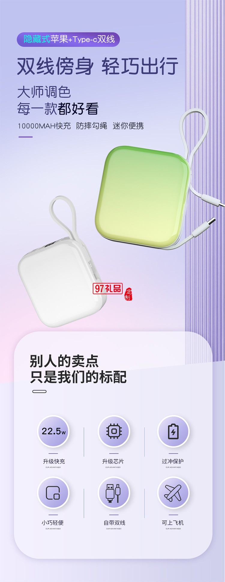 22.5w充電寶10000毫安20W快充PD大容量便攜迷你自帶線移動