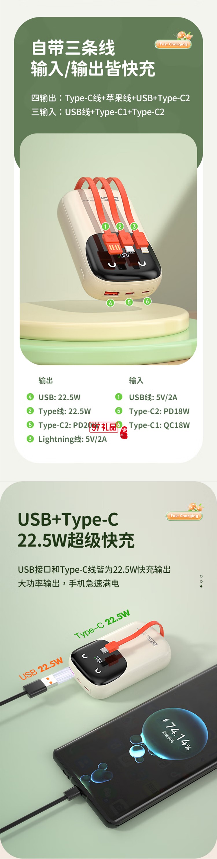 快充充電寶【3C認證可上飛機】10000毫安時大容量自帶線22.5WP